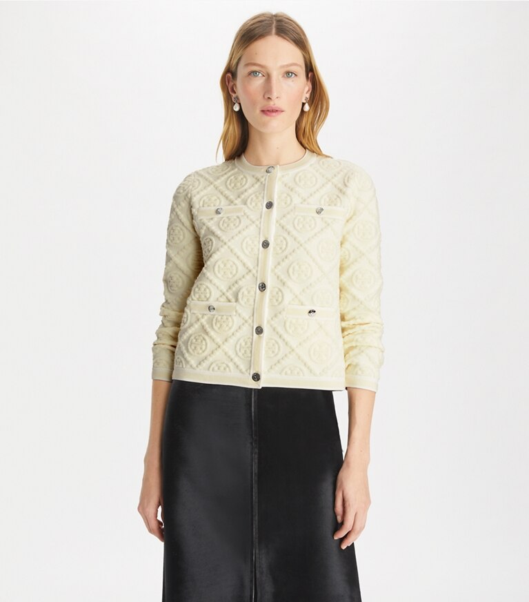 Tory Burch designer sweaters Cardigan Kendra Cashfeel embossé in Light Fresh Ivory T Monogram front