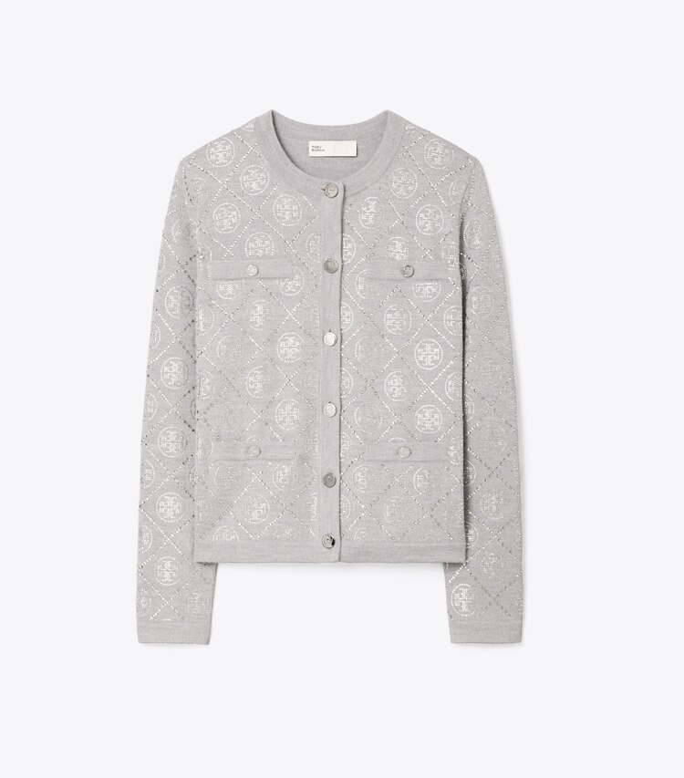 Tory Burch designer maglioni Cardigan Kendra decorato con T Monogram in Shadow Gray Melange front