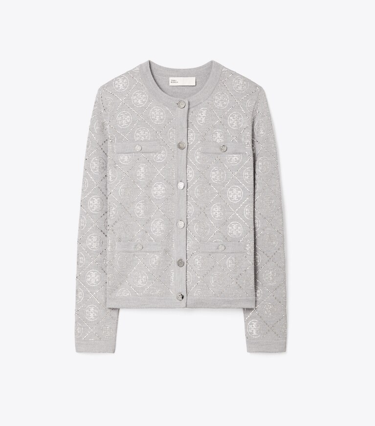 Tory Burch designer maglioni Cardigan Kendra decorato con T Monogram in Shadow Gray Melange front