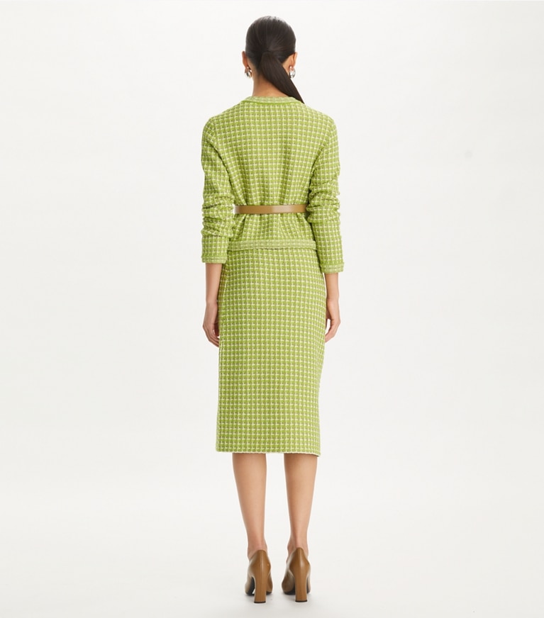 Tory Burch designer sweaters Cardigan Kendra en jacquard in Dark Mint on model back