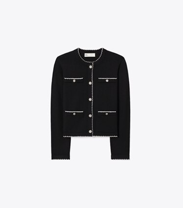 Tory Burch designer sweaters Cardigan Kendra en laine à bords festonnés dans Black / New Ivory de face