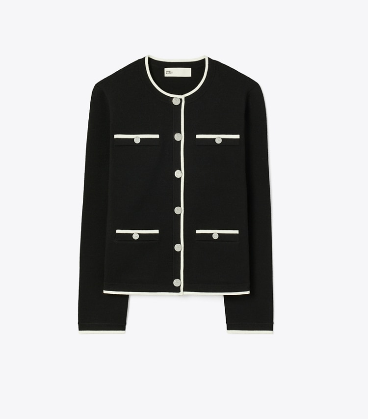 Tory Burch designer sweaters Cardigan Kendra en laine in Black / New Ivory front