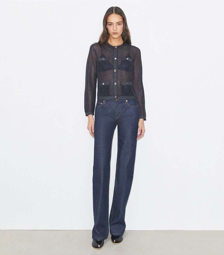 Tory Burch designer sweaters Cardigan Kendra en mesh in Black / Blue Shimmer additional on model