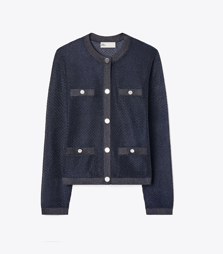 Tory Burch designer sweaters Cardigan Kendra en mesh in Black / Blue Shimmer front