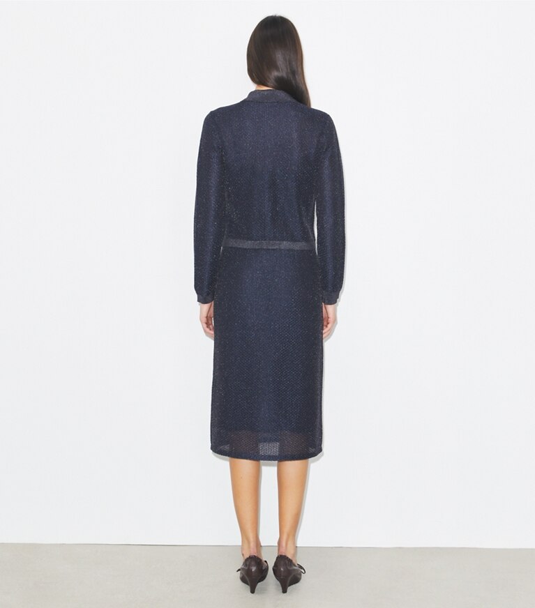 Tory Burch designer sweaters Cardigan Kendra en mesh in Black / Blue Shimmer on model back