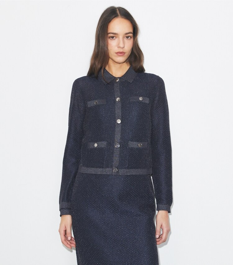 Tory Burch designer sweaters Cardigan Kendra en mesh in Black / Blue Shimmer on model detail