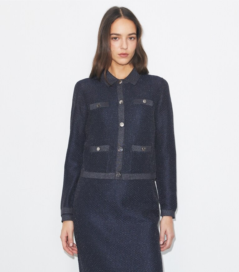 Tory Burch designer sweaters Cardigan Kendra en mesh in Black / Blue Shimmer on model detail