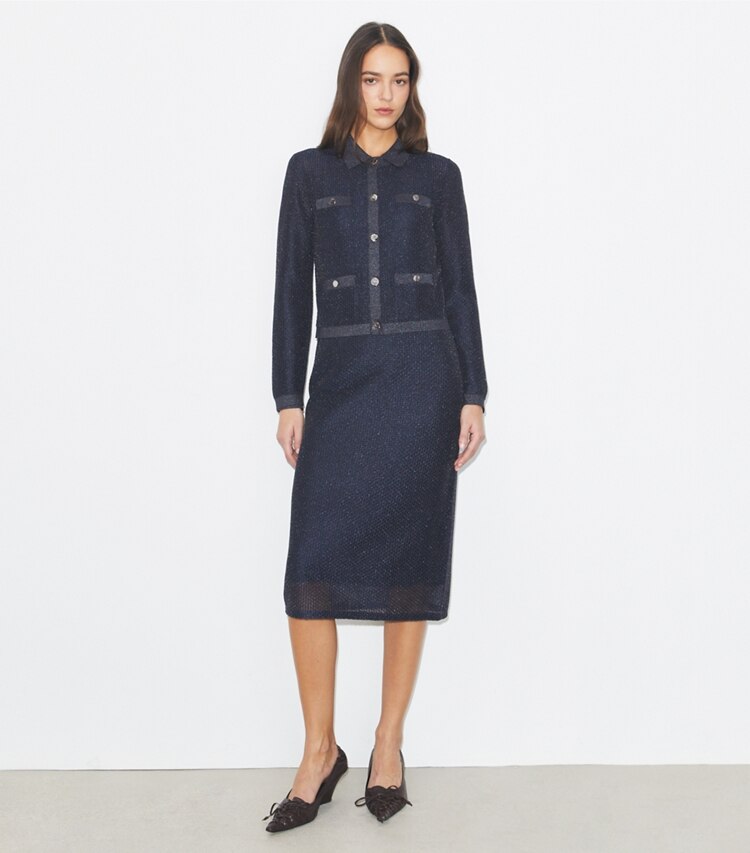 Tory Burch designer sweaters Cardigan Kendra en mesh in Black / Blue Shimmer sur mannequin, devant