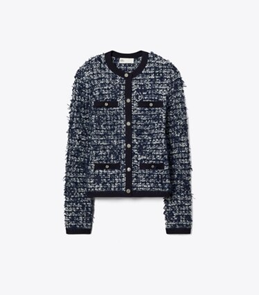 Tory Burch designer sweaters Cardigan Kendra en tweed in Navy / Ivory front