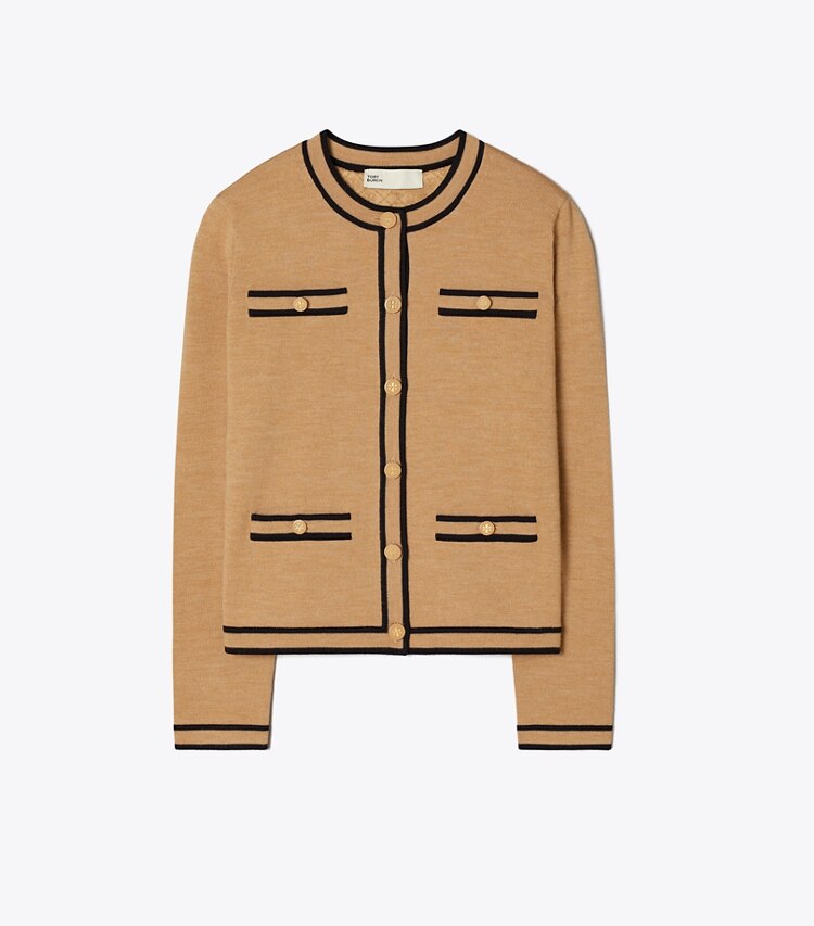 Tory Burch designer sweaters Cardigan Kendra in Camel Heather front