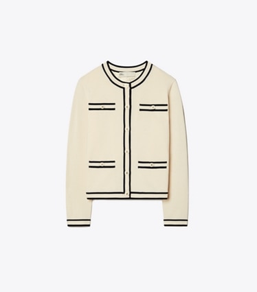 Tory Burch designer maglioni Cardigan Kendra in French Cream / Medium Navy front