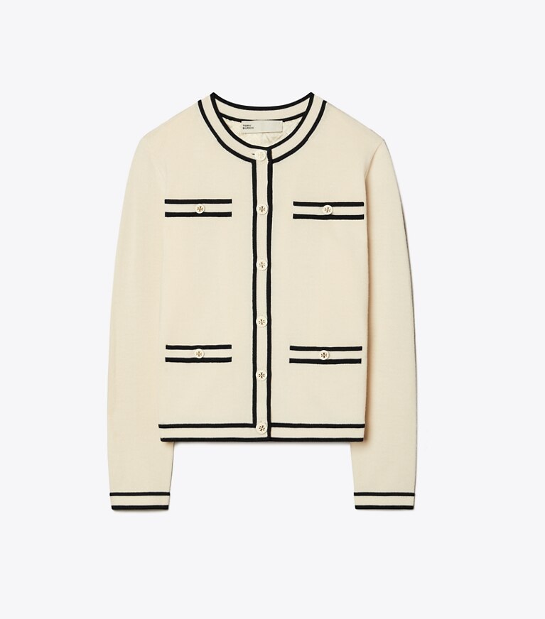 Tory Burch designer sweaters Cardigan Kendra in French Cream / Medium Navy front
