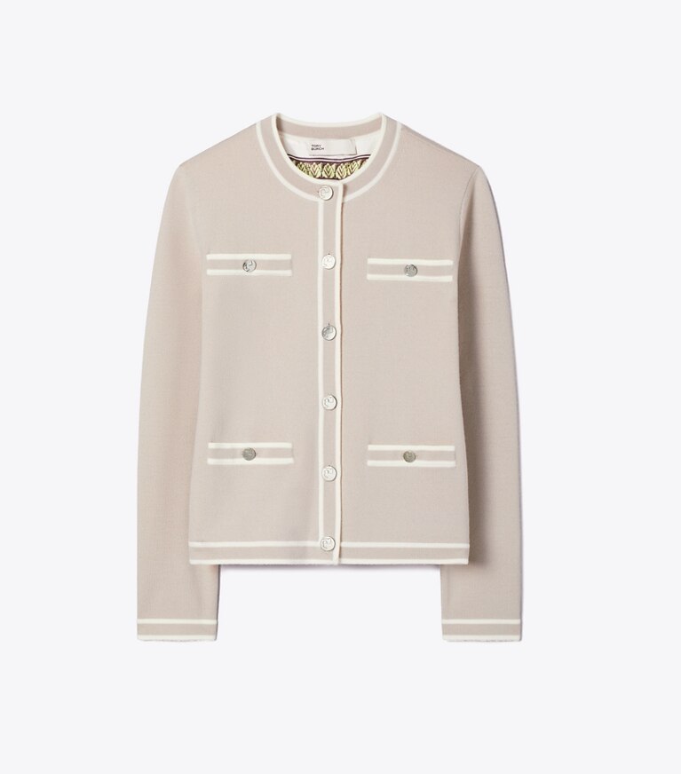 Tory Burch designer maglioni Cardigan Kendra in Gray / New Ivory front