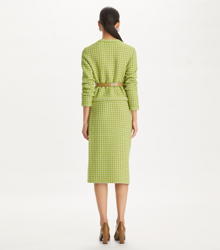 Tory Burch designer maglioni Cardigan Kendra in jacquard in Dark Mint on model back