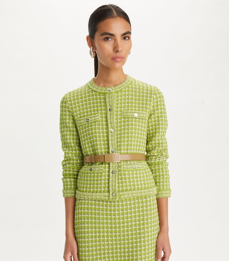 Tory Burch designer maglioni Cardigan Kendra in jacquard in Dark Mint on model detail