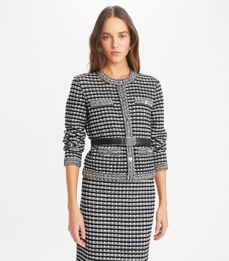 Tory Burch designer maglioni Cardigan Kendra in jacquard in Black / White front
