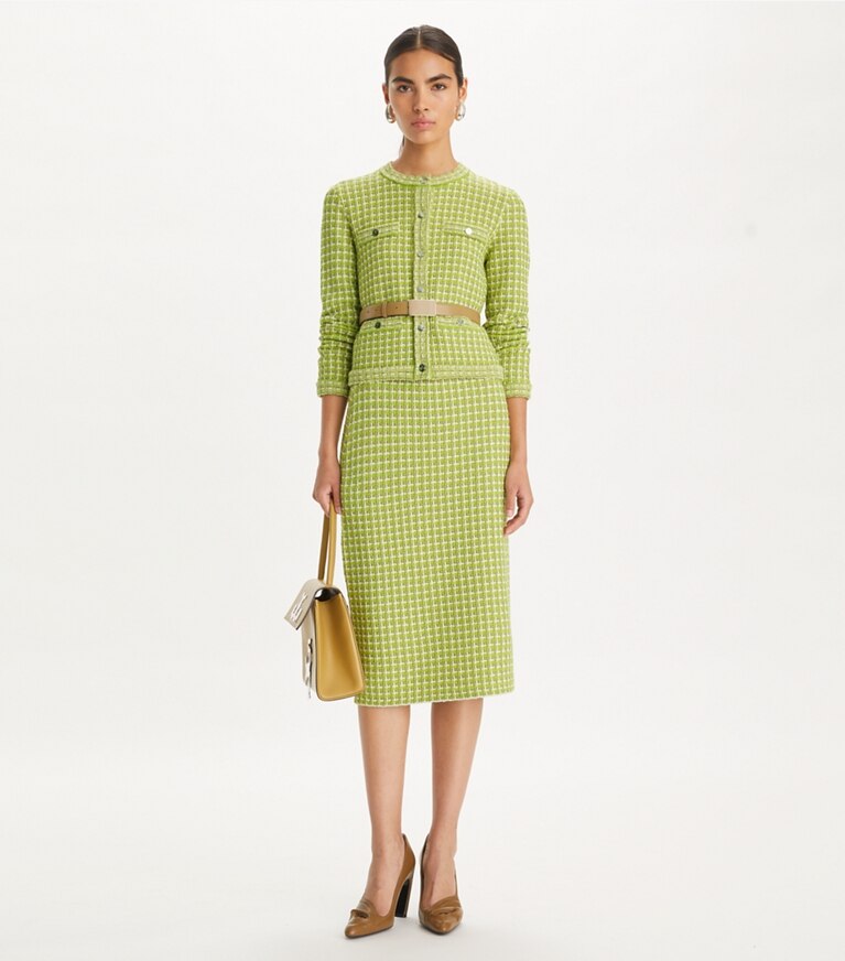 Tory Burch designer maglioni Cardigan Kendra in jacquard in Dark Mint parte anteriore su modella