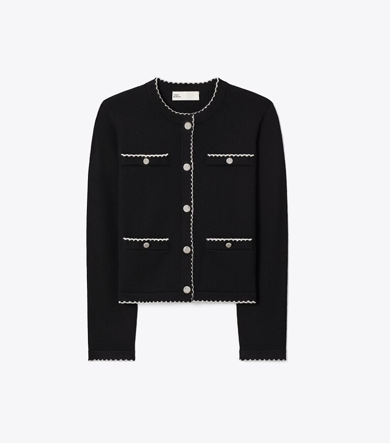 Tory Burch designer maglioni Cardigan Kendra in lana con bordi smerlati in Black / New Ivory front