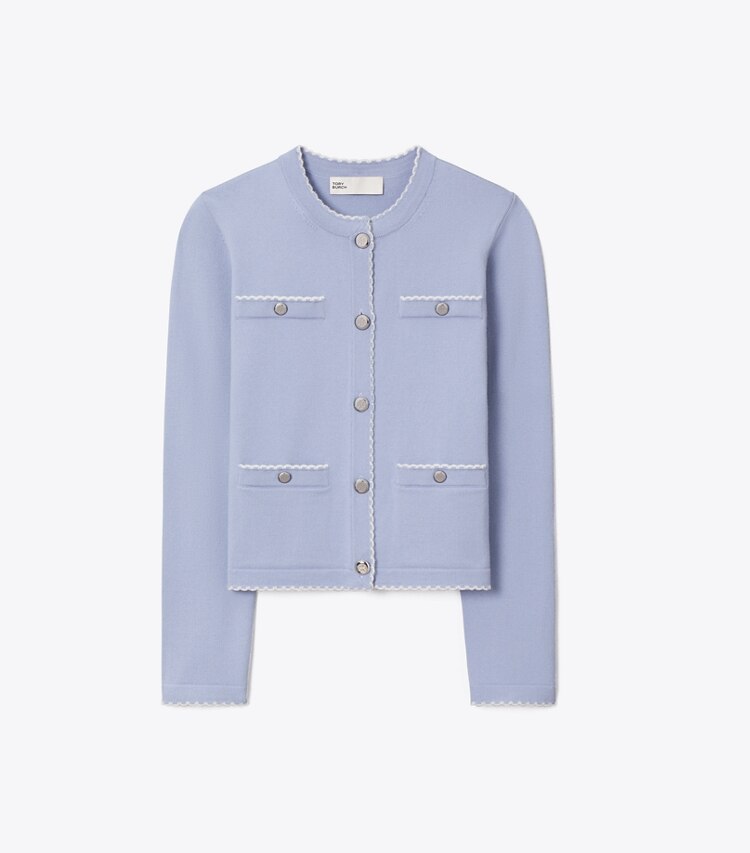 Tory Burch designer maglioni Cardigan Kendra in lana con bordi smerlati in Pale Blue / New Ivory front