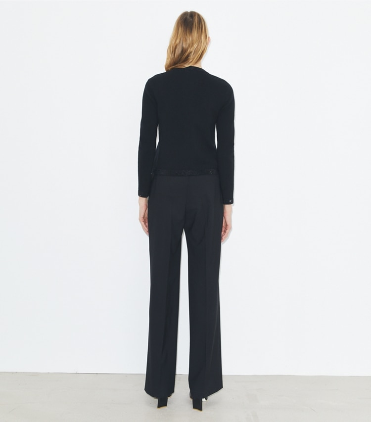 Tory Burch designer maglioni Cardigan Kendra in lana con decorazioni in Black on model back