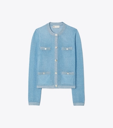 Tory Burch designer maglioni Cardigan Kendra in mesh in Starlight Blue front