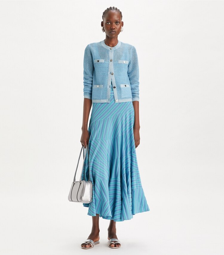 Tory Burch designer maglioni Cardigan Kendra in mesh in Starlight Blue parte anteriore su modella
