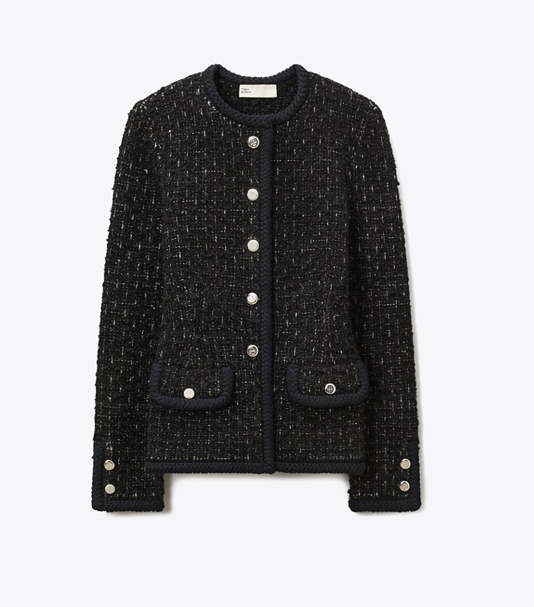 Tory Burch designer maglioni Cardigan Kendra in tweed metallizzato in Black Multi front