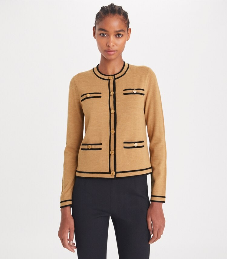 Tory Burch designer sweaters Cardigan Kendra in Camel Heather on model detail