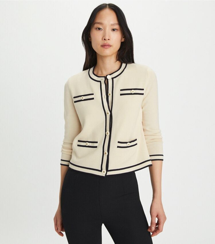 Tory Burch designer sweaters Cardigan Kendra in French Cream / Medium Navy on model detail