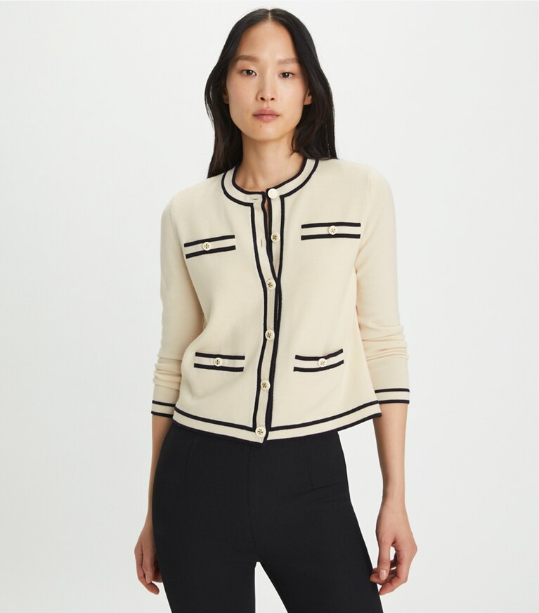 Tory Burch designer sweaters Cardigan Kendra in French Cream / Medium Navy front