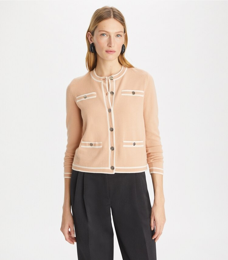 Tory Burch designer sweaters Cardigan Kendra in Rose Silk / French Cream on model detail
