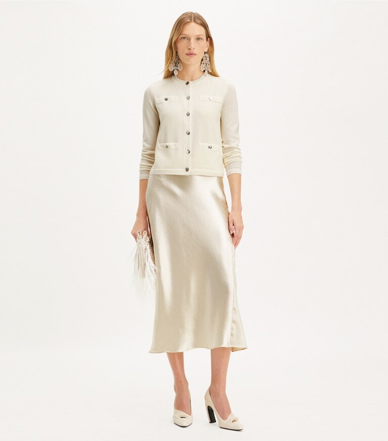 Tory Burch designer sweaters Cardigan Kendra in Light New Ivory / White Asparagus front