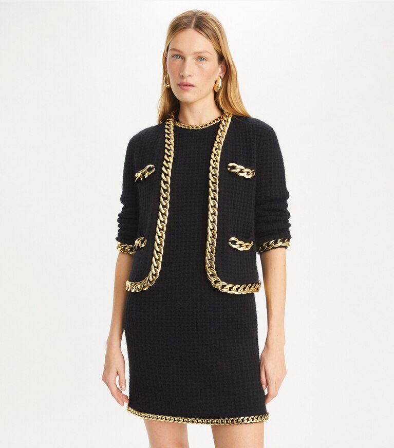 Tory Burch designer sweaters Cardigan Kendra orné de chaînes in Black front