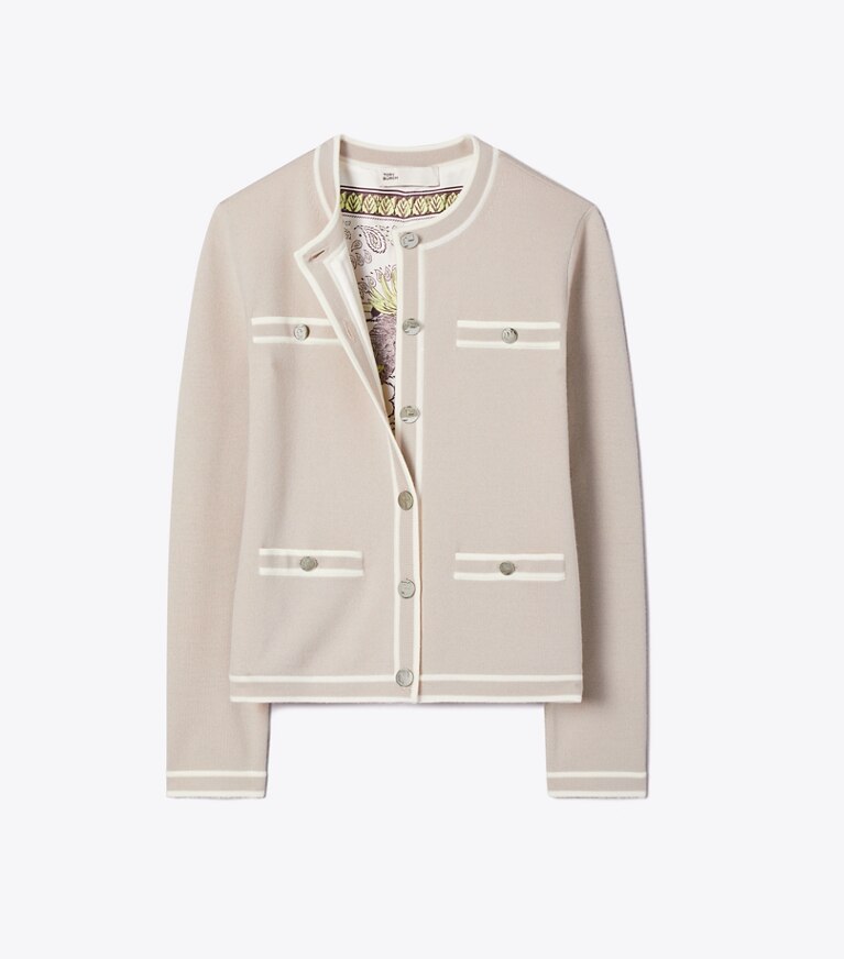 Tory Burch designer maglioni Cardigan Kendra in Gray / New Ivory packable reversible