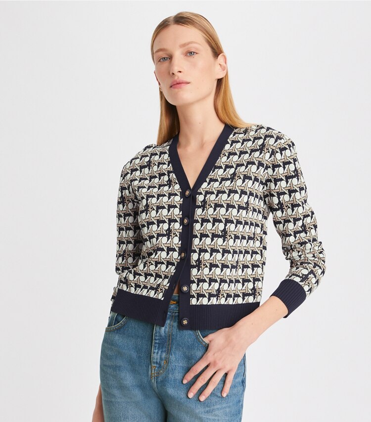 Tory Burch designer sweaters Cardigan in Tory Navy on model detail