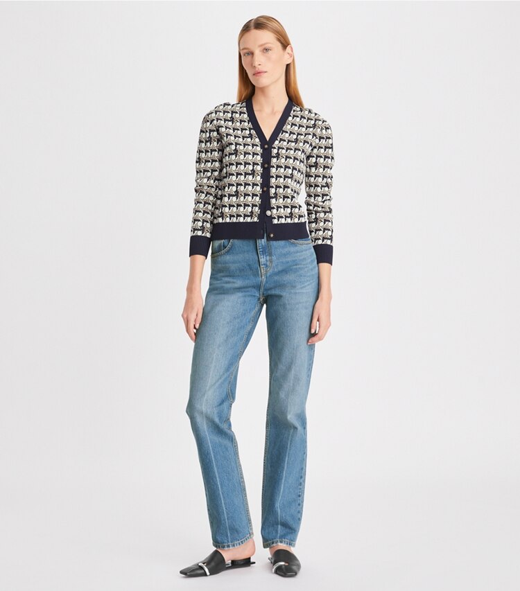 Tory Burch designer sweaters Cardigan in Tory Navy on model front
