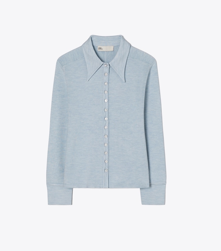 Tory Burch designer sweaters Cardigan polo en soie dans Light Blue de face