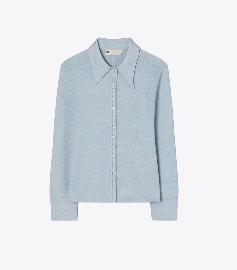 Tory Burch designer sweaters Cardigan polo en soie dans Light Blue de face