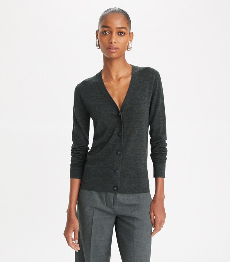 Tory Burch designer sweaters Cardigan Simone in Soft Charcoal Melange on model detail