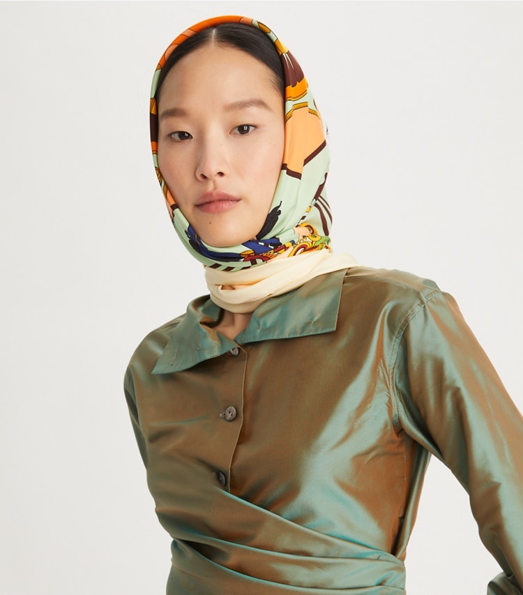 Tory Burch designer scarves Carousel Double-Sided Silk Square Scarf in Beige accessory on model