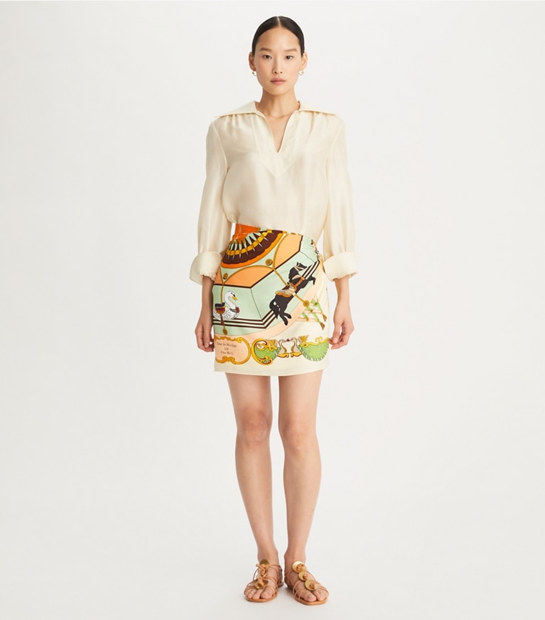 Tory Burch designer scarves Carousel Double-Sided Silk Square Scarf in Beige overhead
