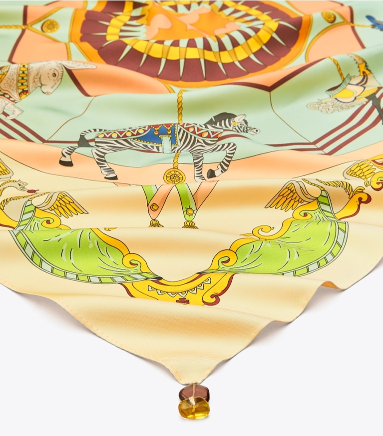 Tory Burch designer scarves Carousel Double-Sided Silk Square Scarf in Beige overhead