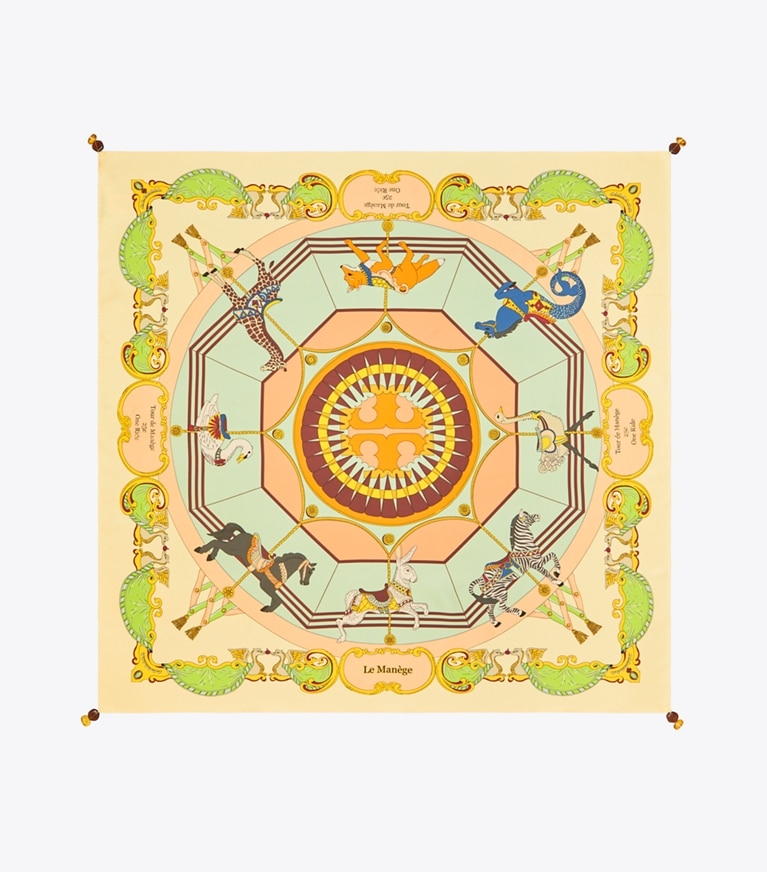 Tory Burch designer scarves Carousel Double-Sided Silk Square Scarf in Beige overhead
