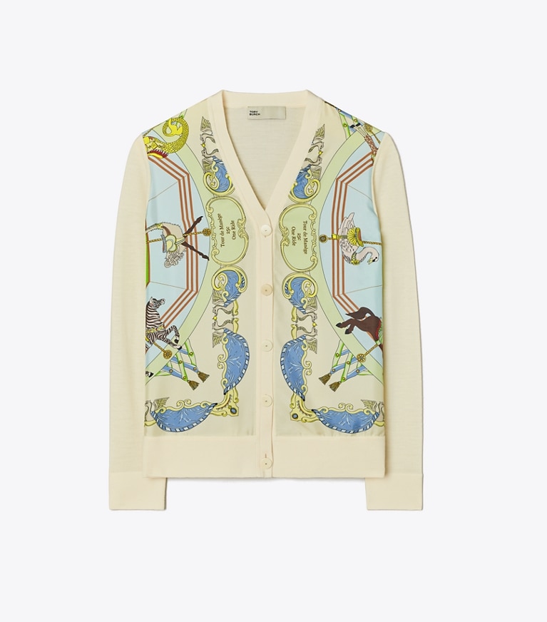 Tory Burch designer sweaters Carousel Silk-Front Cardigan in French Cream front