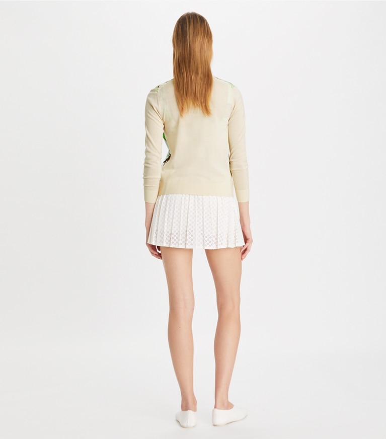 Tory Burch designer sweaters Carousel Silk-Front Cardigan in French Cream front