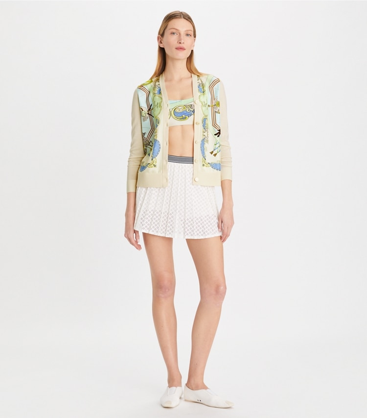 Tory Burch designer sweaters Carousel Silk-Front Cardigan in French Cream on model front