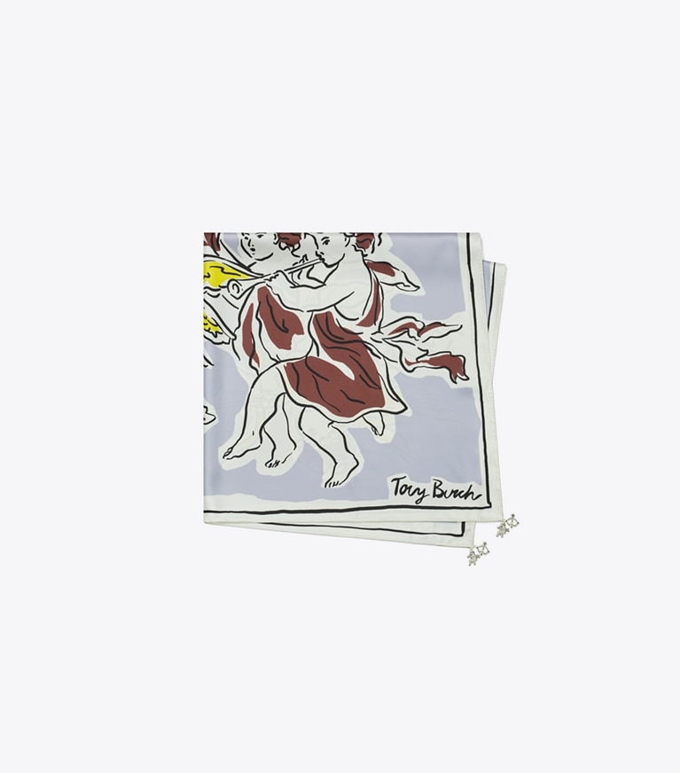 Tory Burch designer écharpes Carré de soie Cherubs dans Gray Cherubs plié