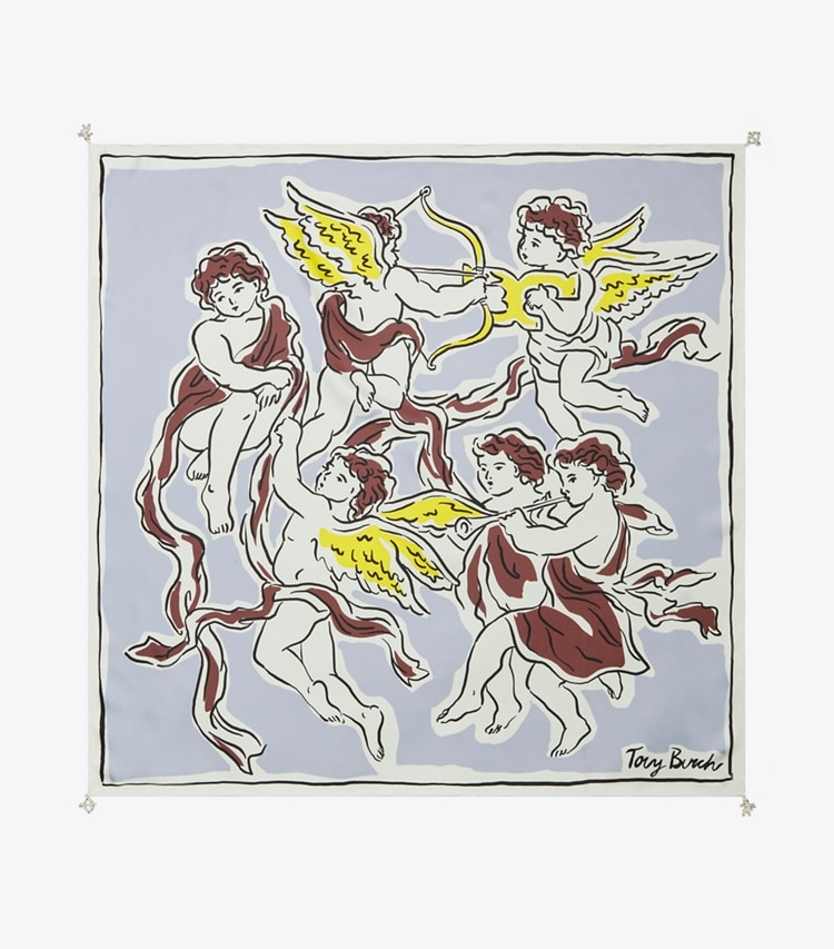 Tory Burch designer écharpes Carré de soie Cherubs dans Gray Cherubs vue du dessus