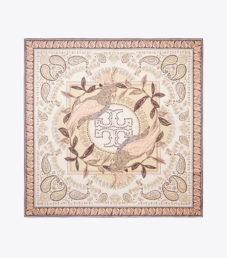 Tory Burch designer écharpes Carré de soie Cockatoo Bandana dans Pink Cockatoo vue du dessus