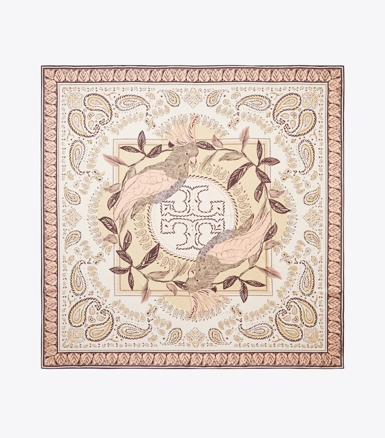 Tory Burch designer écharpes Carré de soie Cockatoo Bandana dans Pink Cockatoo vue du dessus